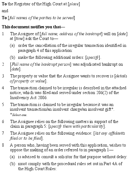 Form 102 Originating application to cancel irregular transaction under section 206 of the Insolvency Act 2006. 